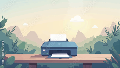 Modern Inkjet Printer on Wooden Desk in Nature Setting with Mountains and Greenery