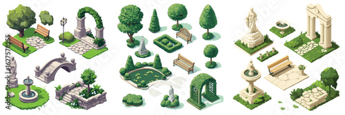isometric set of garden and park elements with sculptures and landscaping