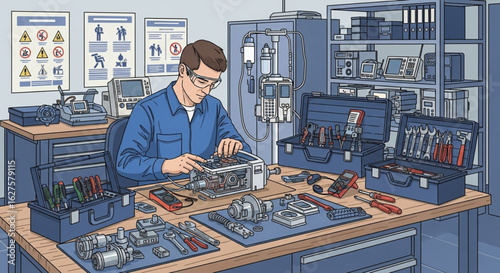 A technician meticulously repairs machinery at a workbench, surrounded by tools and equipment.