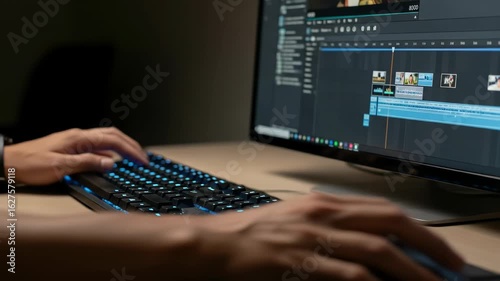 Close up of hands using keyboard and mouse in front of a computer screen displaying video editing interface capturing the essence of digital technology and software design with soft lighting