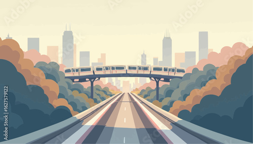Modern City Skyline with Elevated Train Tracks and Urban Forest in Soft Pastel Colors