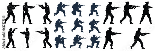 silhouettes of armed soldiers in tactical combat positions