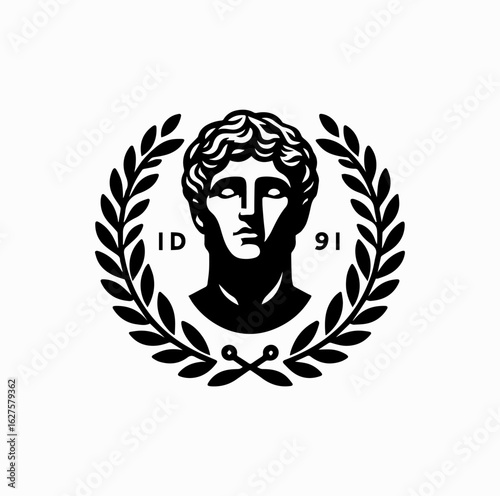 Minimalist Black Vector Logo of Roman Emperor Bust with Laurel Wreath Isolated on White Background