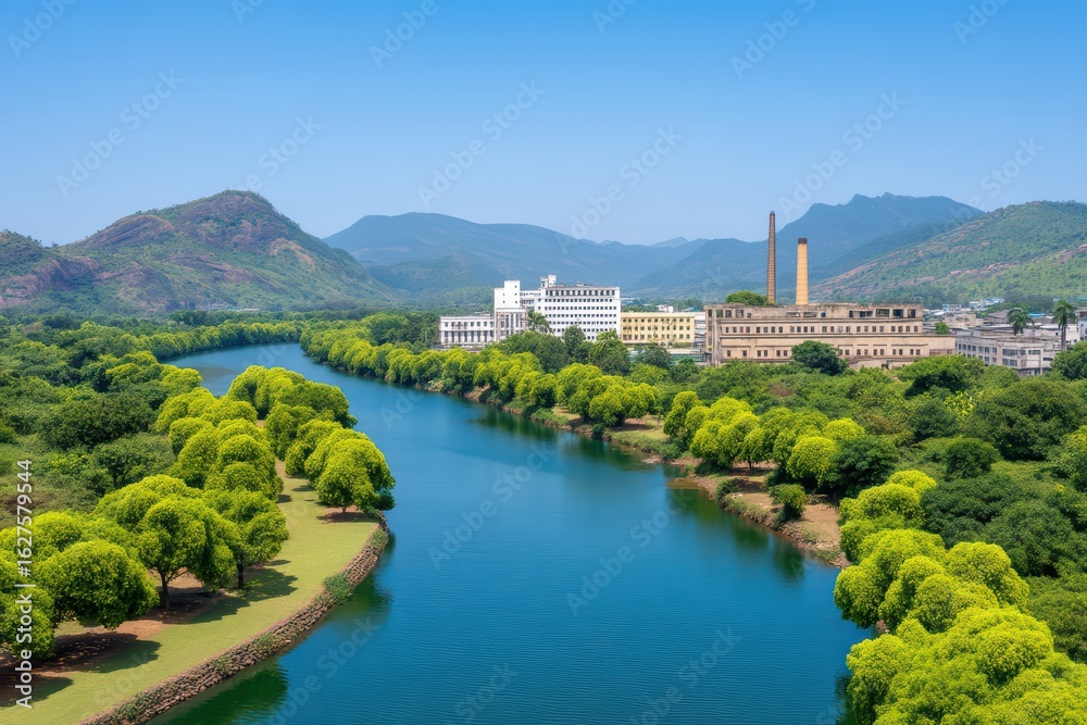 Fototapeta premium Serene Landscape with River, Trees and Industrial Buildings