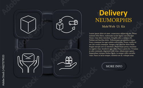 Delivery set icon. Cube, truck in circular motion, envelope in hands, and hand holding gift box outlined on dark neumorphic tiles for logistics interface themes