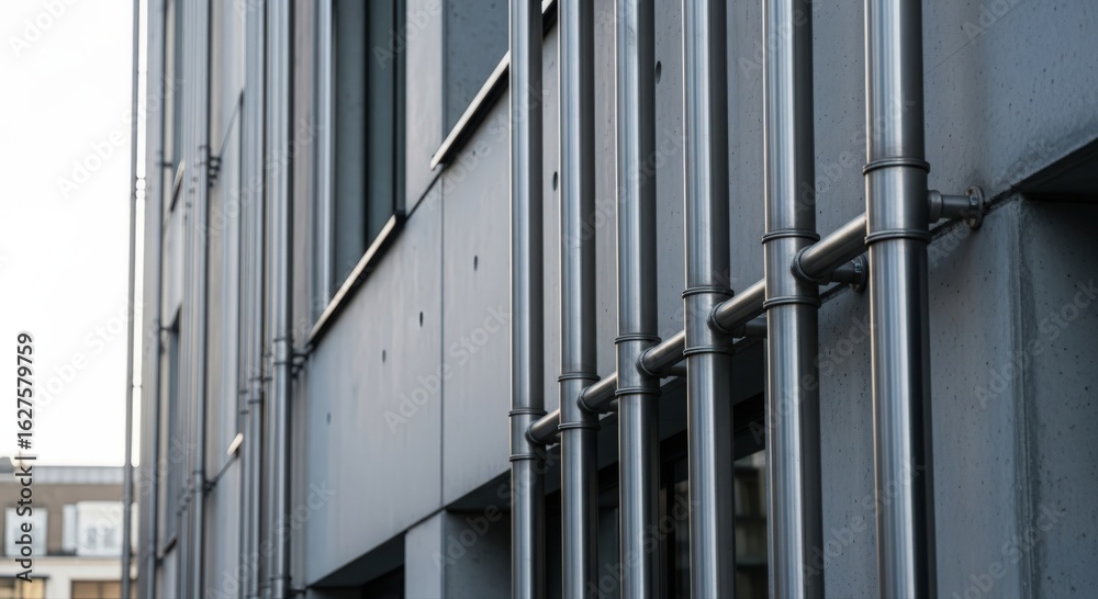 Obraz premium Modern architecture and exterior building structure. A close-up shot of a building's facade reveals a clean, contemporary design with metallic accents