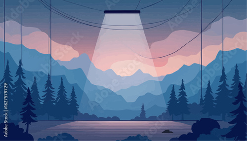 Theatre Stage with Mountain Landscape Backdrop and Spotlight in Artistic Style