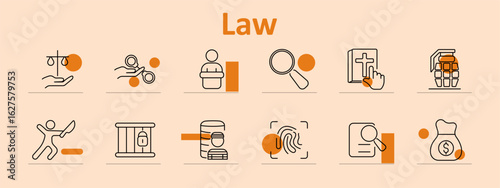 Law set icon. Balance scales, gavel, judge bench, handcuffs, fingerprint, courthouse, magnifier, jail bars, oath book, grenade, prisoner, money bag shown in legal context