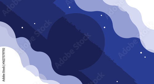 Abstract design with layered shapes in deep blue and light blue/white colors. Abstract shapes with overlapping layers in a dark blue background.