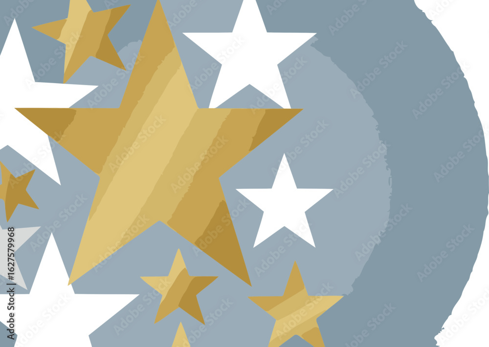 Obraz premium Gold and white star pattern on a light gray background. Abstract design with a variety of star shapes and sizes for use in marketing, presentations, or editorial design.
