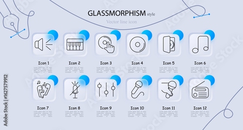 Music and audio set icon. Speaker, piano, finger on disc, vinyl, CD case, music note, dancing people, mic with light, equalizer, microphone, radio, soundboard