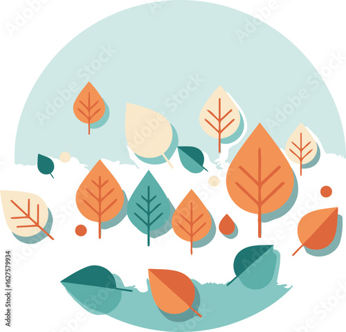 Abstract autumnal leaves in a pale blue background. Colorful paper cut-out leaves, dispersed within a light, soft circle, creating a graphic, autumnal design.