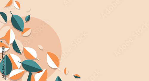 Autumnal leaves in muted tones scattered across a pale peach background. Abstract design with overlapping shapes and soft color palette for a graphic resource.