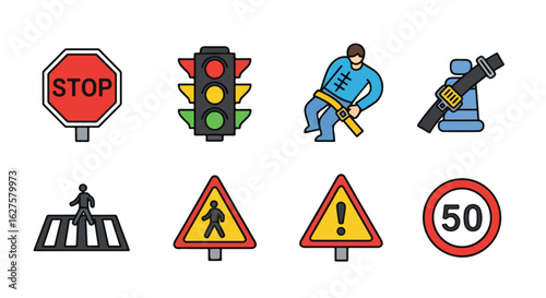 Road safety icons stop sign traffic light pedestrian crossing warning signs