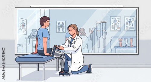 A doctor examines a patient's prosthetic leg in a medical office, with anatomical diagrams reflected in a mirror.