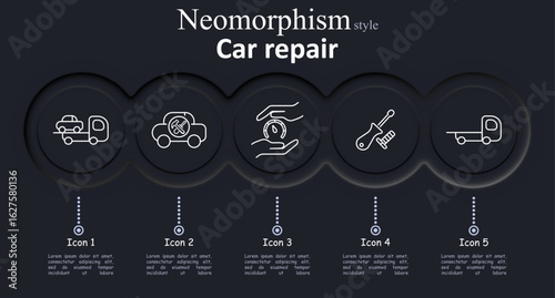 Car repair set icon. Towing trailer, car with wrench, hands holding gear, screwdriver with wrench, flatbed truck shown in clean outlined neomorphism style with soft glow panels.