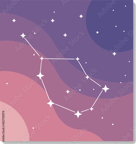 Abstract constellation graphic design featuring a U shape of stars against a backdrop of soft, layered purples and pinks, suggestive of the night sky. Simple, modern graphic with a soft color palette.