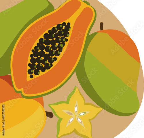 Tropical fruits displayed in a flat lay style with papaya, mango, and carambola. Vibrant colors and slices of fruit arranged in an artful manner on a light beige background.