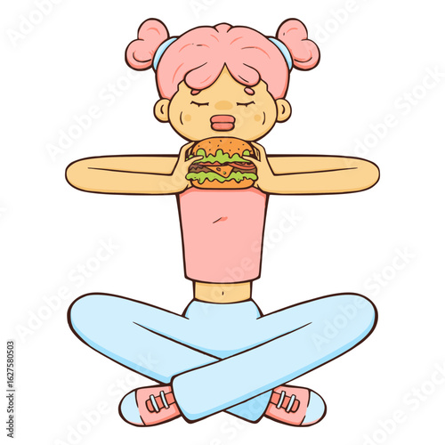 Vector illustration of a girl eating a cheeseburger with appetite. Teen girl with pink hair holding a hamburger.