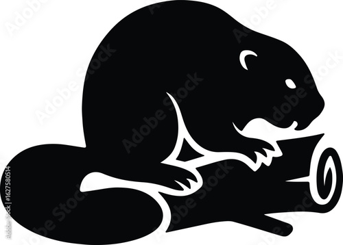 Silhouette beaver gnawing wood log black and white vector illustrator