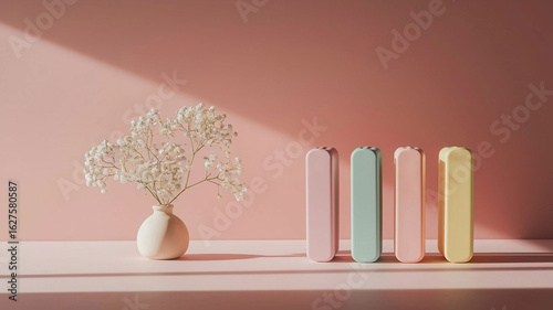 A minimalist photo showing a white vase with flowers and four pastel-colored pencil cases against a simple pink background