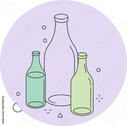 Three glass bottles in pastel colors displayed on a plain purple background. Geometric shapes and soft gradients add to the modern aesthetic.