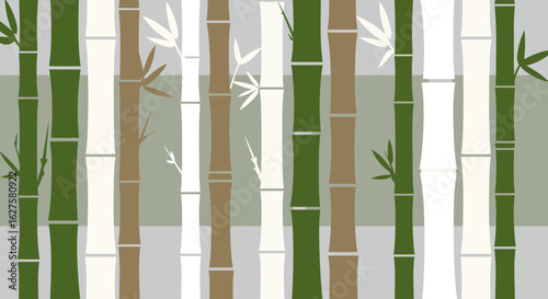 Abstract design of bamboo stalks in various shades of green, brown, and white, set against a neutral gray backdrop.