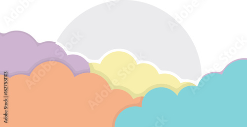 Pastel cloud formations with a large white circle in the middle. Abstract background design with layering of soft color clouds. Generic background design for children's media.