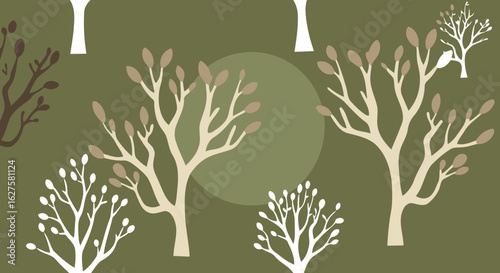 Abstract trees in muted tones on a muted olive green background. Stylized representation of trees with various shades of beige, gray, and brown branches and leaves.