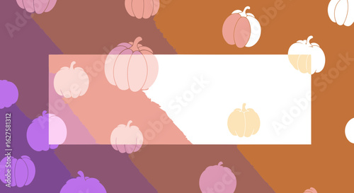 Pumpkin graphic design with autumnal color palette. Simple, repeating pumpkins in soft gradients on a light orange and purple background.