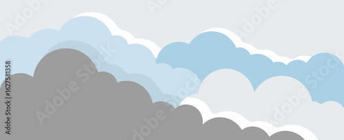 Abstract cloud design with pastel colors in a neutral setting. Soft, layered shapes of light blue and gray clouds against a light gray background.