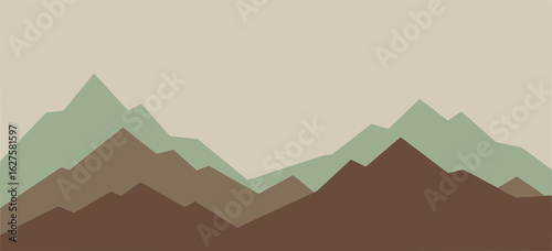 Abstract mountain range with muted tones in a landscape scene. Simple geometric shapes create layered mountain peaks and valleys against a hazy sky.