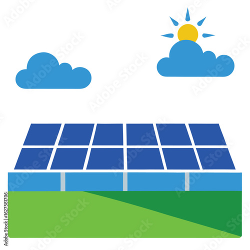 Clean sky over a minimalist solar panel farm with perfectly aligned rows of photovoltaic arrays