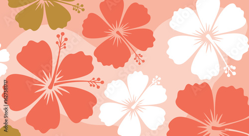 Hibiscus floral pattern with coral and teal flowers on a soft peach background. Colorful, stylized hibiscus blossoms arranged in a repeating pattern.
