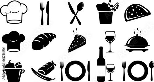 cutlery, chef's hat, wine glass, bottle, dish, plate, silhouette, vector illustration 


