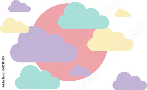 Pastel colored clouds with a soft pink background. Abstract cloud shapes in various pastel shades with a large, light pink circle.