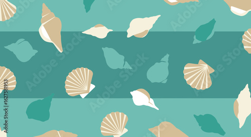 Sea shell pattern with teal and beige colors. Sea shells in various shapes and sizes against a teal background with horizontal teal and beige bands.
