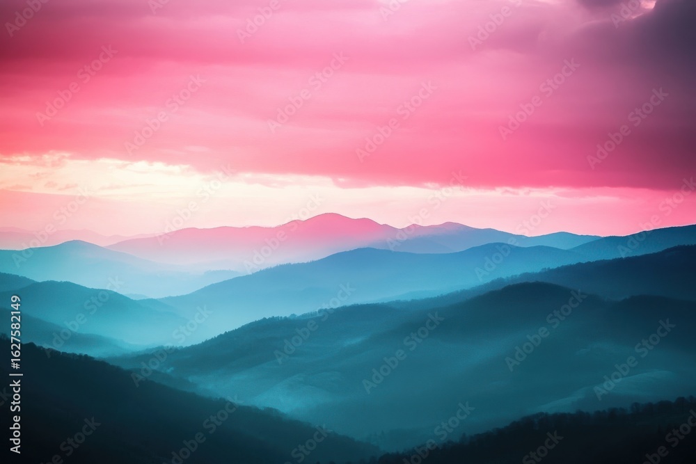 Fototapeta premium Pink Sky Over Blue Mountain Ridges: A Serene and Majestic Landscape Photography Scene