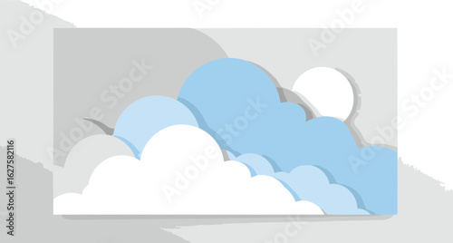 Pastel sky with clouds and sun graphic design. Abstract art with soft color palettes, suitable for children's room decor.