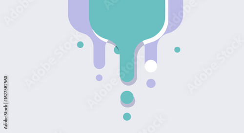 Abstract graphic design featuring cascading teal and lavender shapes with scattered teal circles on a light gray background. Abstract art piece for digital display or print.
