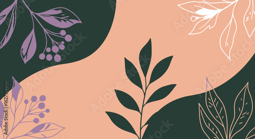 Abstract botanical design with muted color palette. Floral and leaf patterns in muted greens, pinks, and peaches on a layered background.