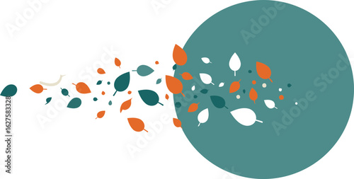 Abstract design with autumnal leaves in various colors, falling against a muted backdrop and a teal circle. A graphic representation of falling leaves in an artistic style.