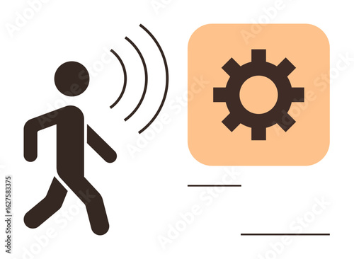 Person walking with wireless signal waves near gear icon representing advanced tech concepts. Ideal for automation, smart devices, innovation, AI, connectivity, IoT, simple flat metaphor