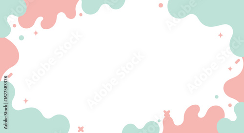 Abstract background design with pastel pink and mint green shapes. Soft curves and simple shapes create a visually appealing and playful composition.