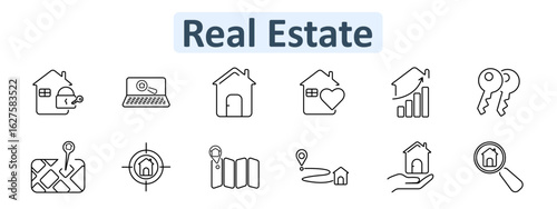 Real estate set icon. House with lock, laptop, house with heart, growth chart, keys, map, location pin, target, route, hand holding home, magnifier with house displayed