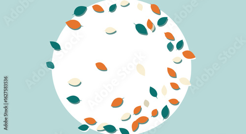 Abstract autumnal leaf design with soft color palette. Circular arrangement of falling leaves against a light teal background.