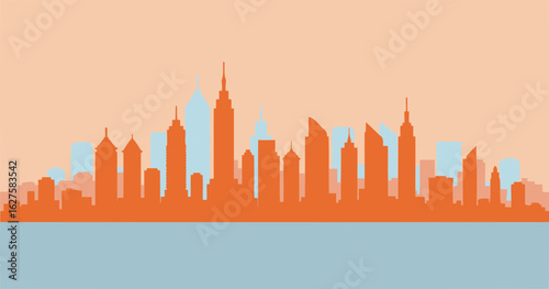 Urban skyline silhouette with muted colors in a horizontal city view. Silhouettes of tall buildings in a city landscape with pastel colors.