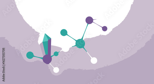 Abstract illustration of a crystal structure with interconnected molecular elements in a pale lavender background. Modern geometric shapes and vibrant colors in a stylized scientific graphic design.