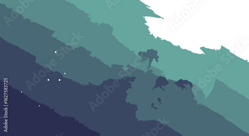 Abstract teal and indigo background with soft transitions and scattered light specks. Abstract design with no subject. Artistic background design for web or app interface.