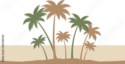 Palm trees silhouettes in muted colors against a neutral background. Silhouetted palm trees in various shades of brown and green, creating a serene tropical scene.